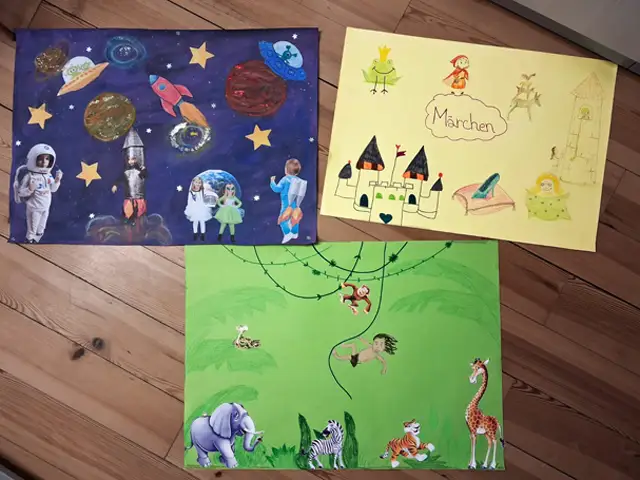 Drei Plakate zur Abstimmung in der Kinderkonferenz: Weltall, Märchen, Dschungel