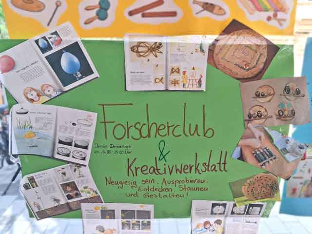 Forscherclub und Kreativwerkstatt Plakat zum Nachmittagsangebot