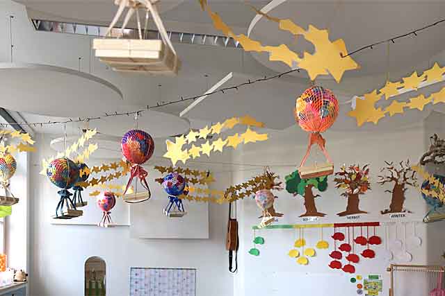Für jedes Kind hängt ein Geburtstagsballon von der Decke